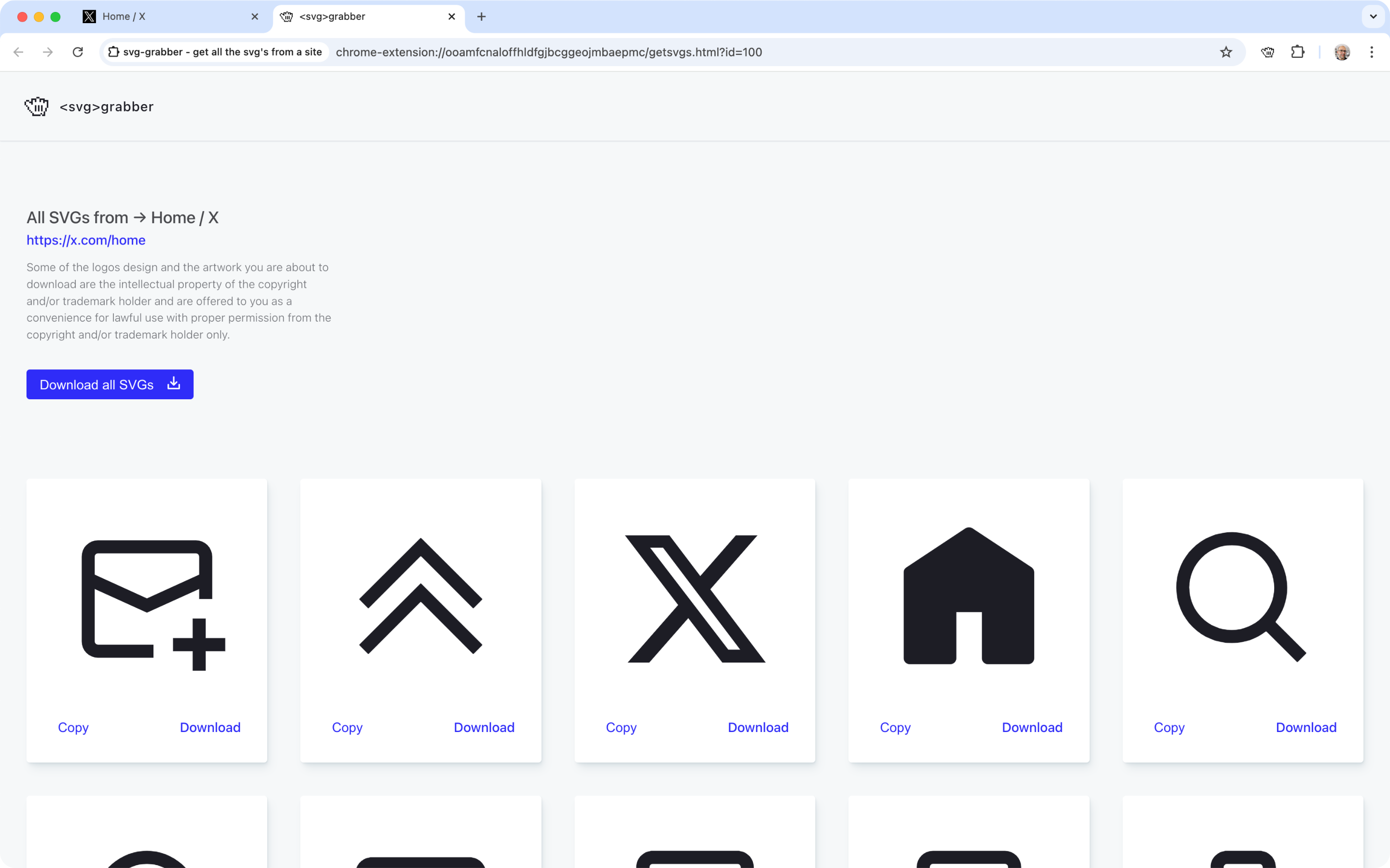 A browser window displaying the “svg-grabber” Chrome extension page, showing a header that says “All SVGs from → Home / X” with a link to x.com/home. Below it is a grid of large icon previews, each in a white card with “Copy” and “Download” buttons. Visible icons include an envelope with a plus sign, double upward arrows, the stylized X logo, a house icon, and a magnifying glass search icon.